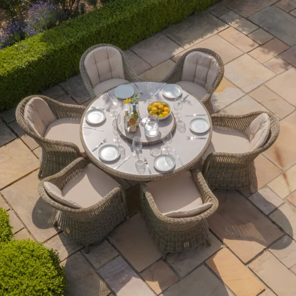 Winchester 6 Seat Round Dining Set with Heritage Dining Chairs & Woven Lazy Susan - Ceramic Glass