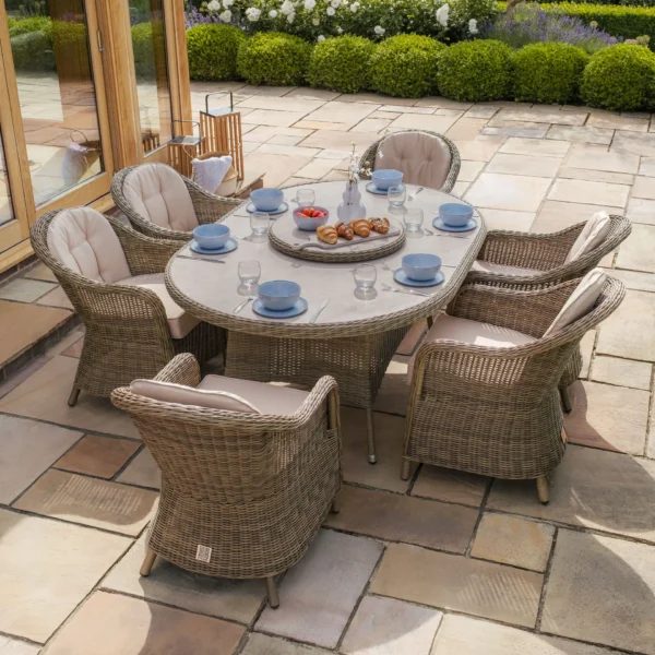 Winchester 6 Seat Oval Dining Set with Heritage Dining Chairs & Woven Lazy Susan - Ceramic Glass