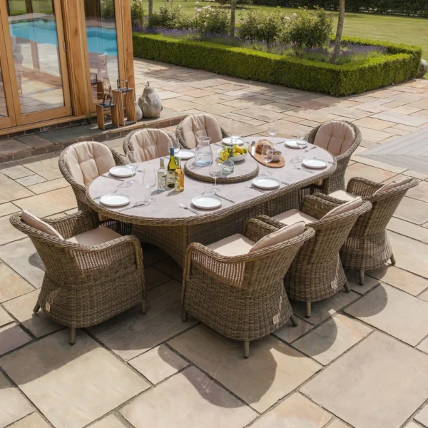 Winchester 8 Seat Oval Dining Set with Heritage Dining Chairs & Woven Lazy Susan - Ceramic Glass