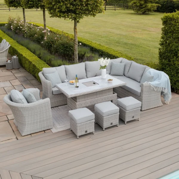 Oxford Deluxe Large Rattan Corner Dining Set with Rising Table & Armchair – Ceramic Glass