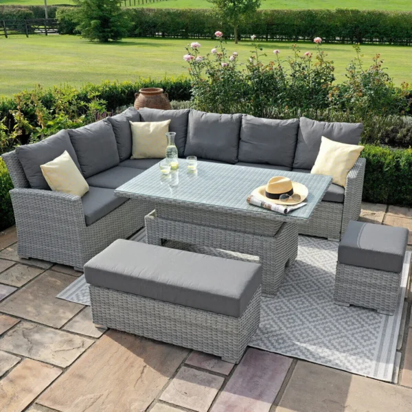 Ascot Rectangular Rattan Corner Dining Set with Rising Table & Weatherproof Cushions